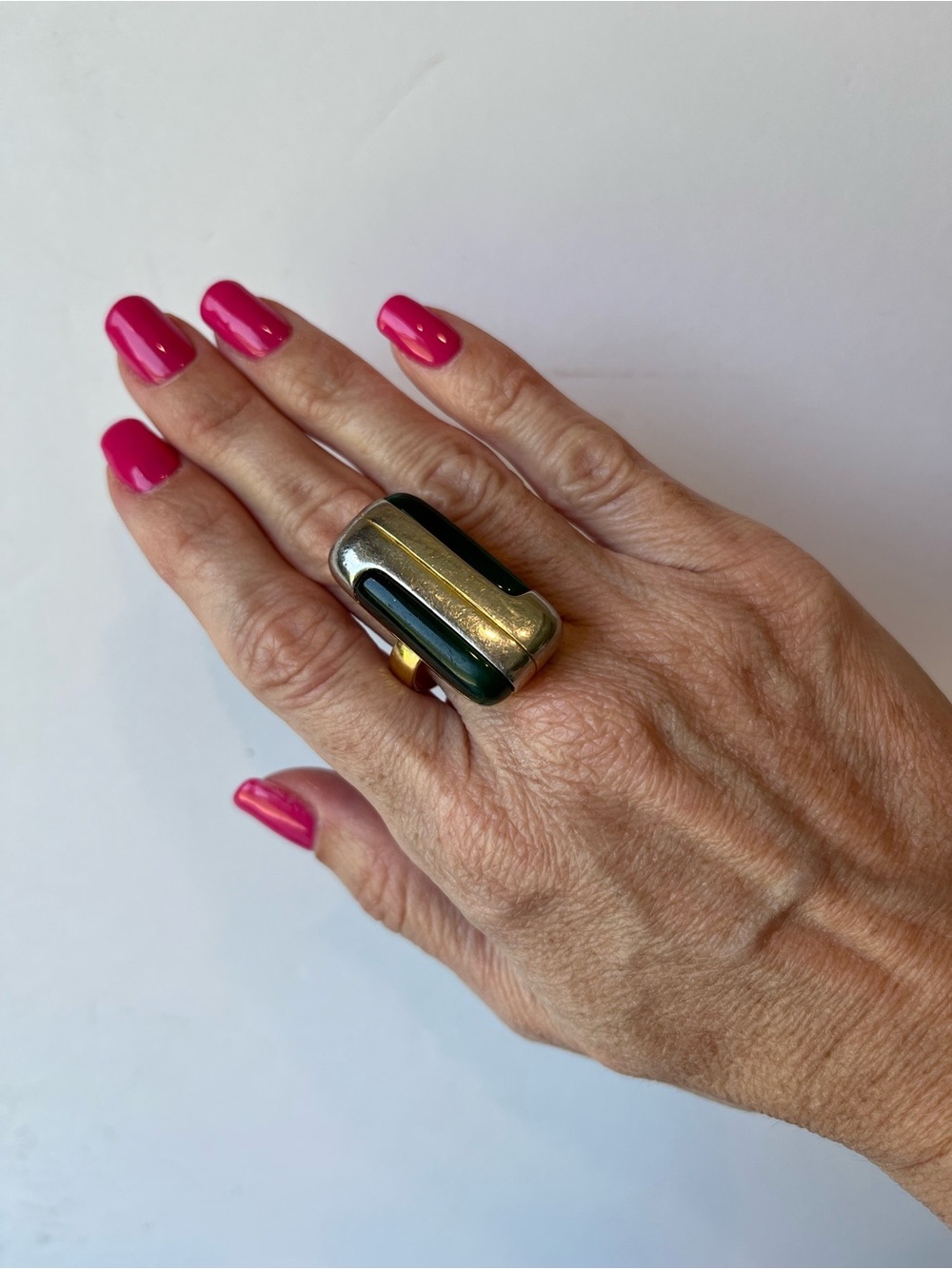 Vintage Lanvin Paris Designer Statement Ring Gold Tone Green 70’s